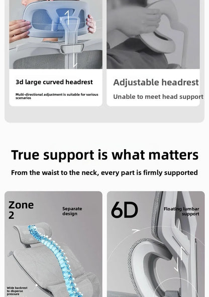 Regulowane ergonomiczne krzesło biurowe z siatki, oddychający fotel komputerowy z wysokim oparciem, podparciem lędźwiowym 6D i wysuwanym podnóżkiem