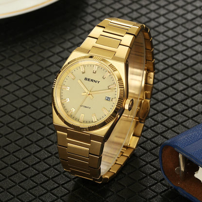 BERNY men’s automatic watch, gold-coloured, sapphire crystal, luminescent hands, 100% genuine, fitted with a PT5000 movement, anti-reflective coating, luxury model with interchangeable bezel, water-resistant to 5 ATM.