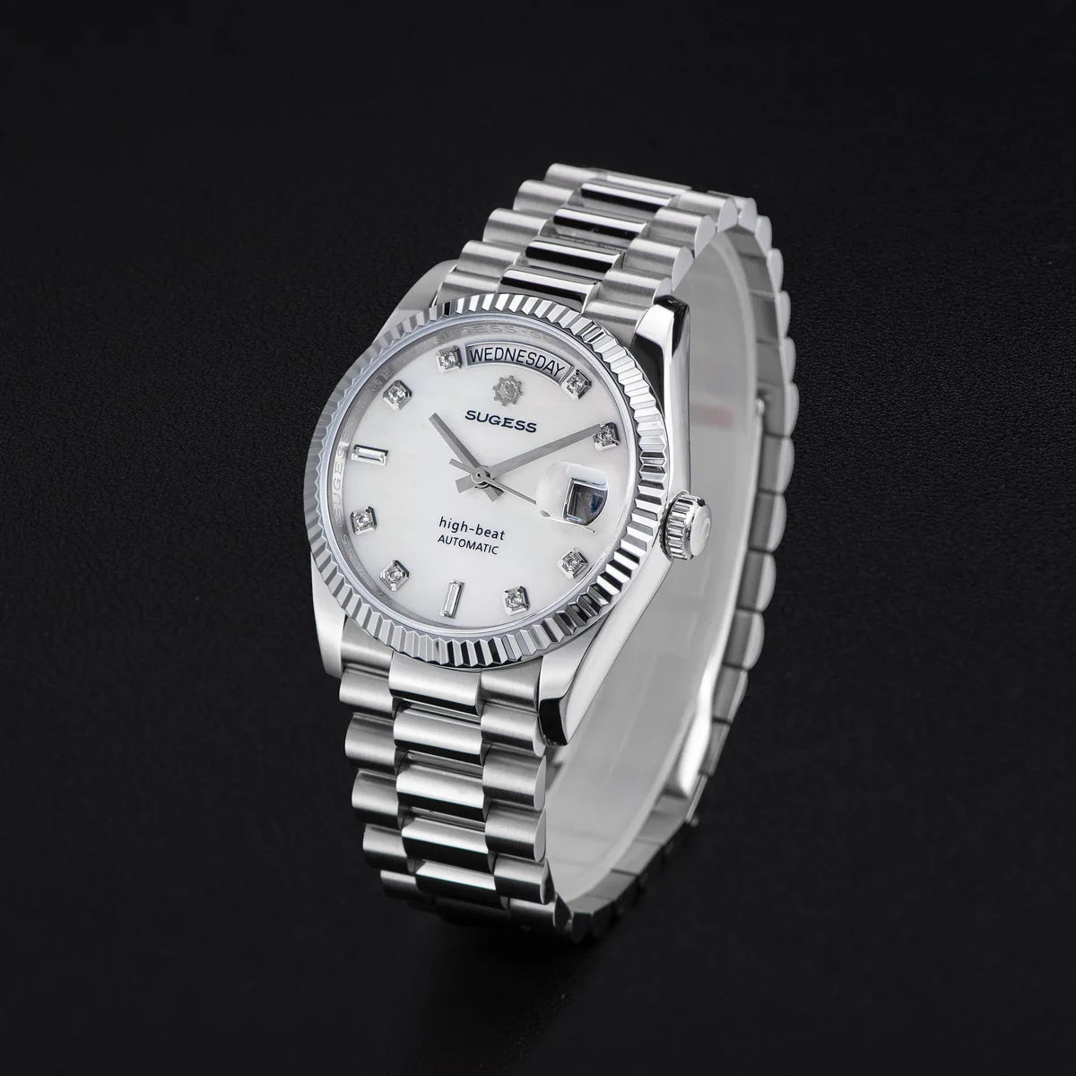 Sugess 36mm Mens of Watch Automatic Dandong Peacock SL3034 Day Movement Sapphire Glass 100m Waterproof Wristwatches MOP Date New