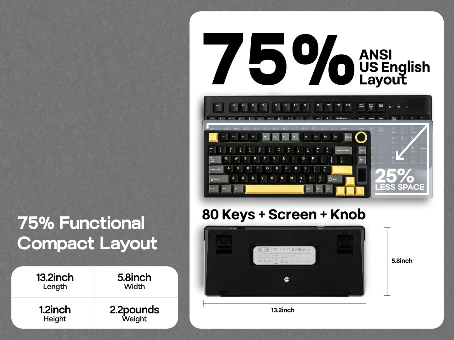 Teclado mecánico EPOMAKER X AULA EA75 MAX 75% ANSI US con hot-swap, montaje gasket, conexión por cable/BT/inalámbrica 2.4GHz, pantalla y perilla