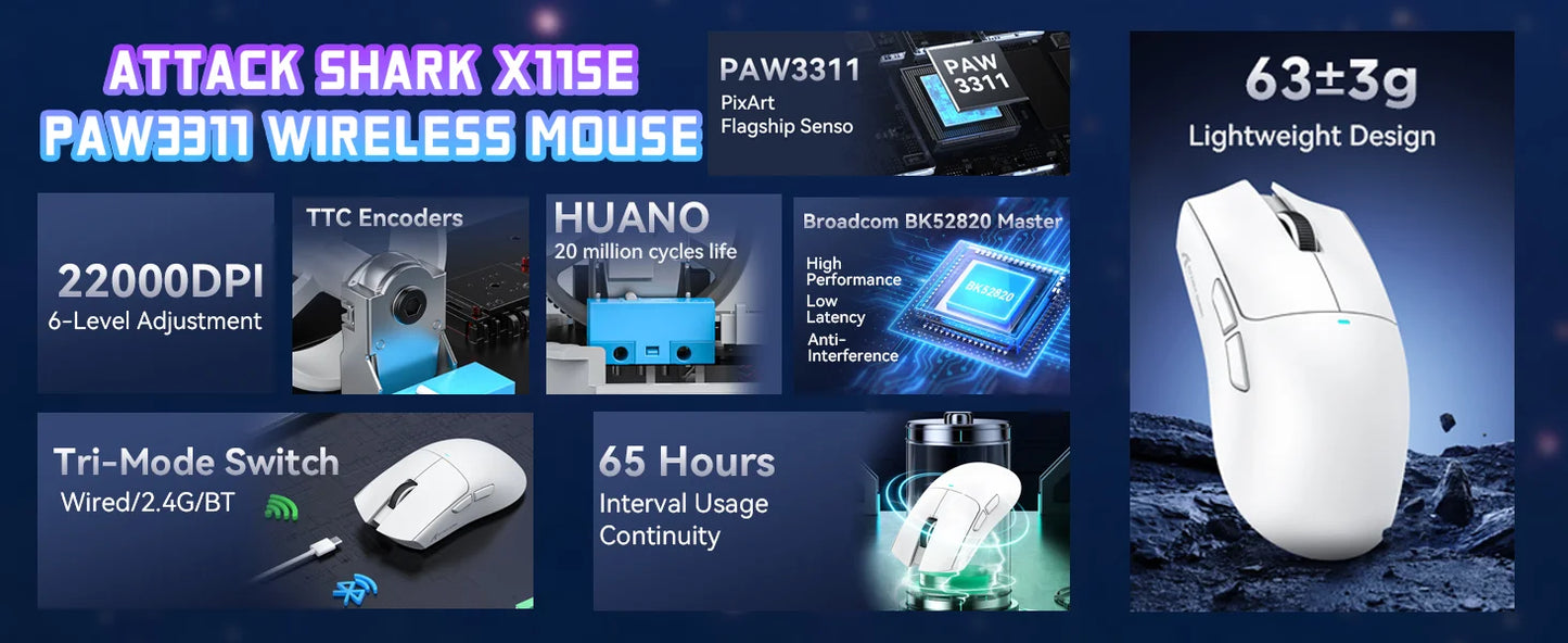 ATTACK SHARK X11SE trådløs gamingmus, tri-mode, 63g superlet med PAW3311-sensor, 22000 DPI, 300mAh batteri, dobbelt driver