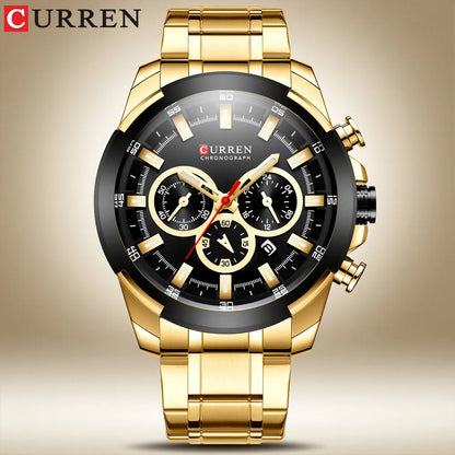 CURREN men’s chronograph watch, large 48 mm dial, stainless steel bracelet, three sub-dials, quartz sports wristwatch, luxurious style