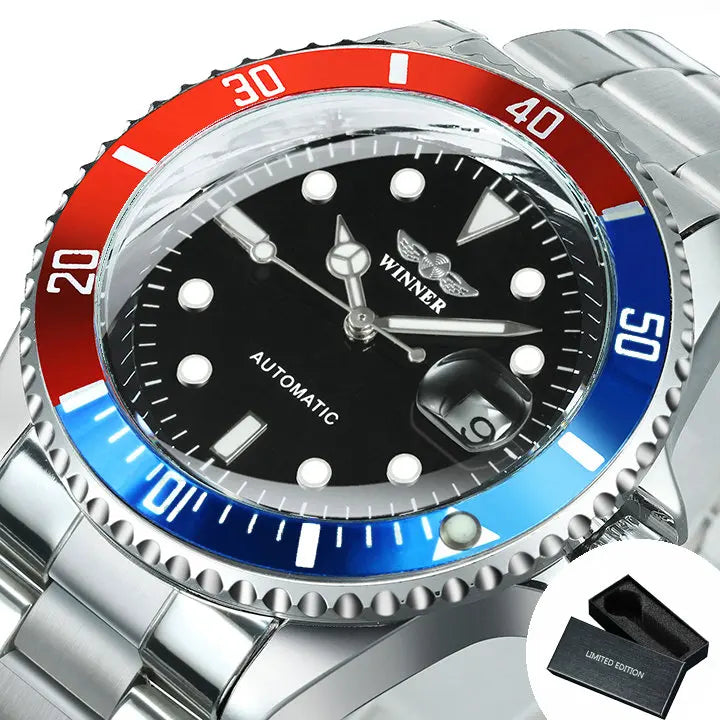 Classic mechanical watch for men – Luxury brand, business style, automatic movement, rotating bezel, luminescent dial, steel bracelet