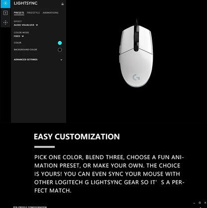 Przewodowa mysz gamingowa Logitech G203, klasy e-sportowej, 6 programowalnych przycisków i wielokolorowe podświetlenie do gier rywalizacyjnych