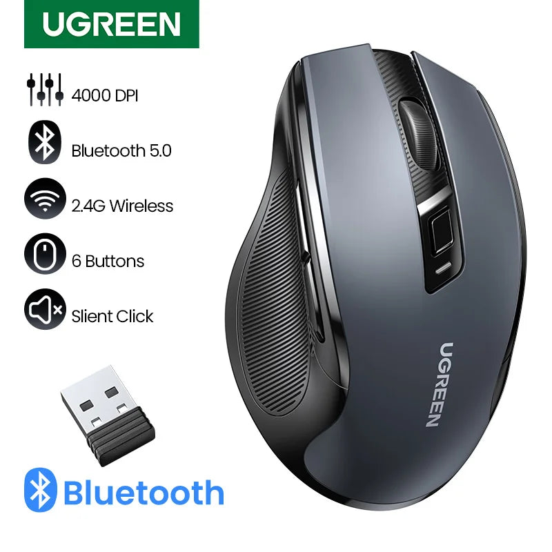 Mysz bezprzewodowa UGREEN Bluetooth 5.0, ergonomiczna, 4000DPI, 6 cichych przycisków, do MacBooka, tabletu, laptopów, komputera PC, 2.4G