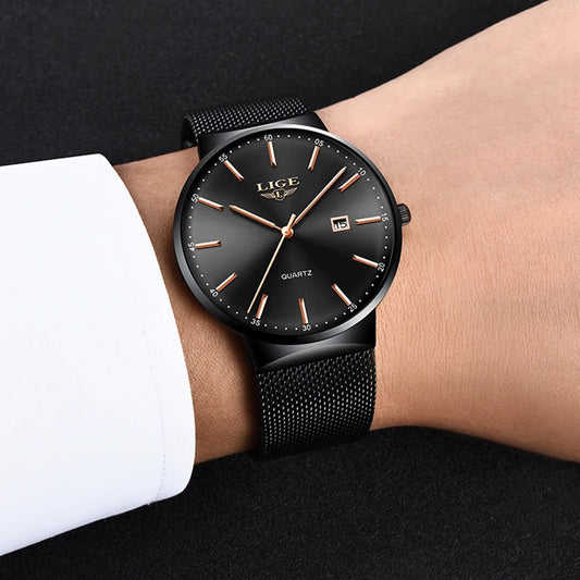 Relógio de homem LIGE, modelo elegante e luxuoso, ultrafino, estanque, com bracelete em malha, movimento de quartzo, indicação da data e calendário – ideal para um estilo profissional.