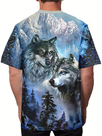 Short Sleeve Men's Wolves Graphic Print Crew Neck Tee for Summer Outdoor