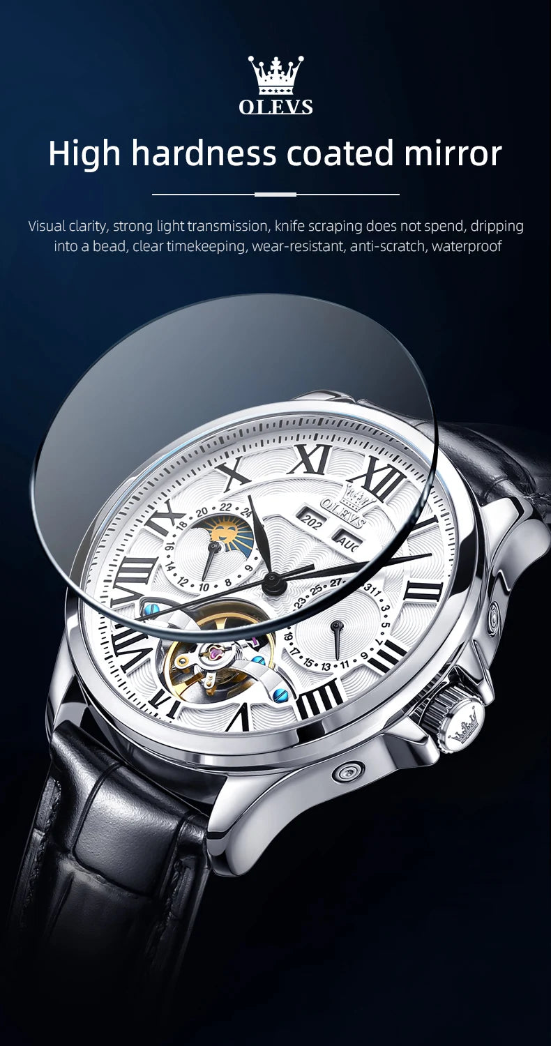 OLEVS 7013 Men’s Automatic Mechanical Watch Moon Phase, Roman Numeral Dial, Skeleton Flywheel, Luminous & 30M Waterproof