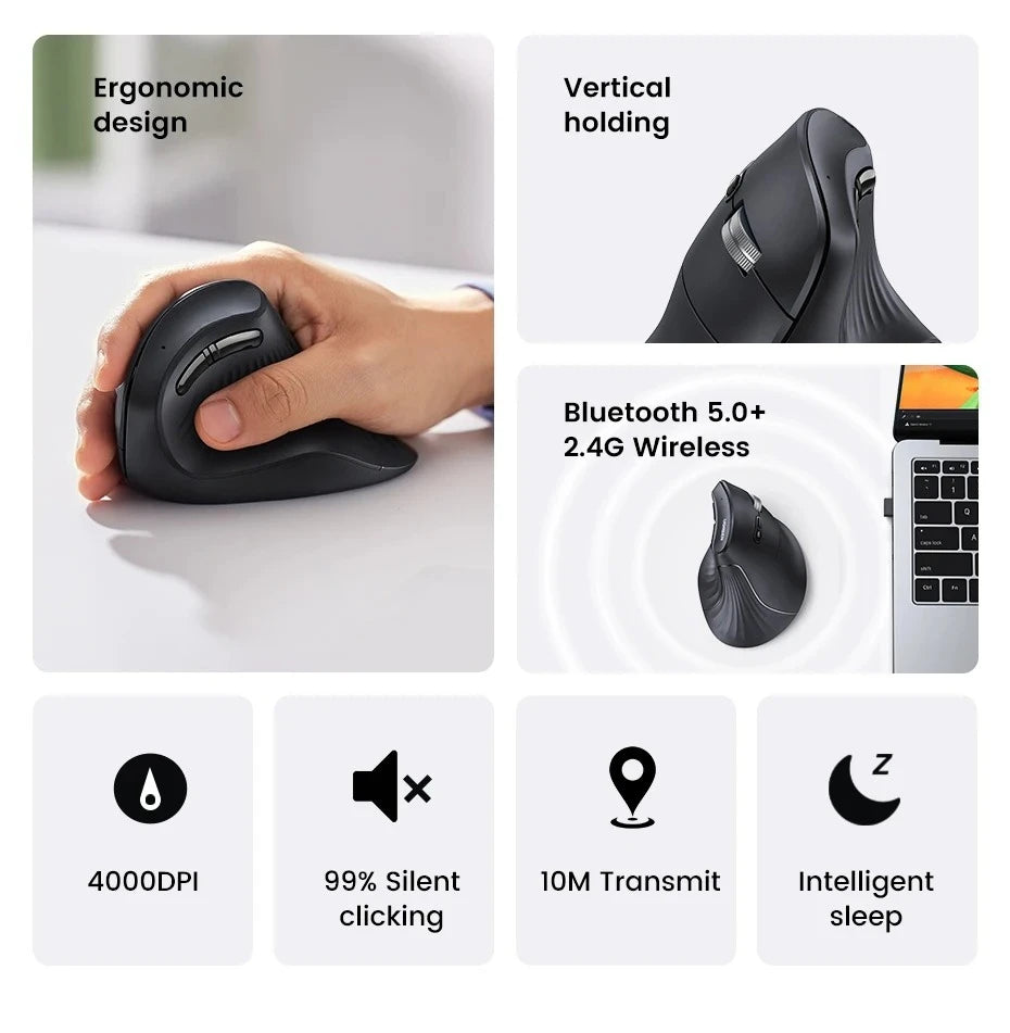 Mouse Wireless Bluetooth 5.0 2.4G Ergonomic 4000DPI 6 Mute Buttons for MacBook Tablet Laptops Computer PC Mice