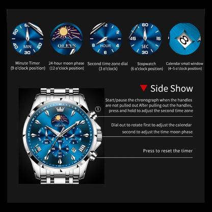OLEVS 3653 Men’s Quartz Chronograph Watch  Moon Phase, Luminous, Date Display, Stainless Steel & 30M Waterproof