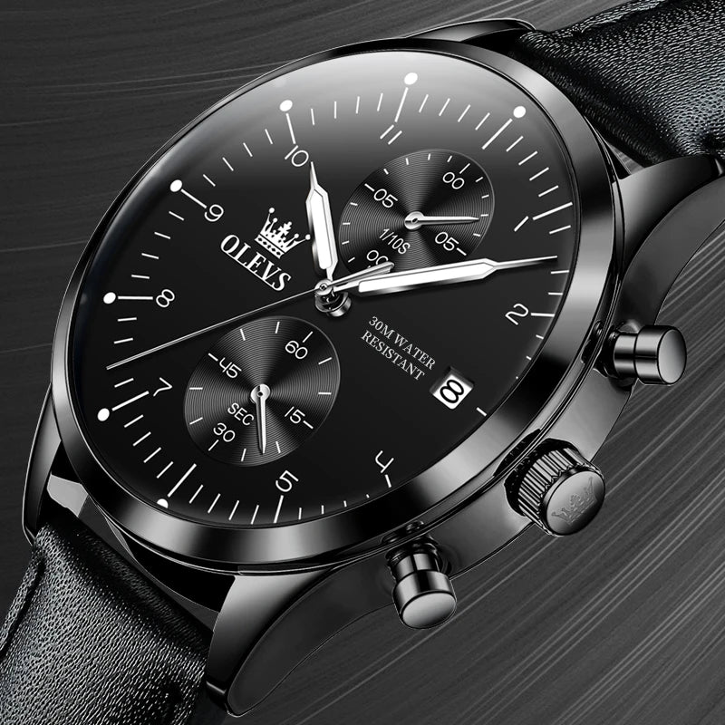 OLEVS 2880 Men’s Watch – Elegant and sleek chronograph, leather strap, automatic date display, water-resistant, luminescent hands, quartz movement.