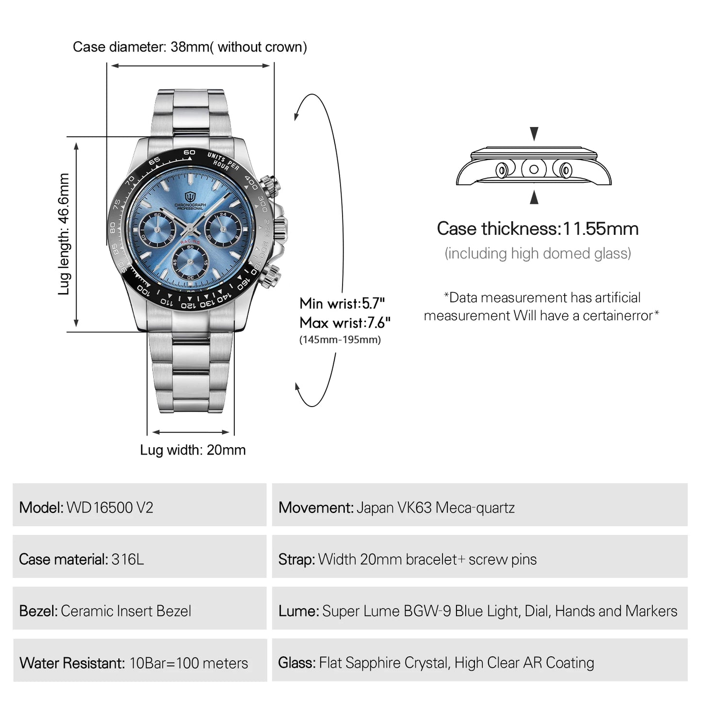 Watchdives WD16500 V2 Quartz Watch VK63 Sweep Sports Chronograph Watches Sapphire AR Coating BGW9 Luminous Waterproof Watches