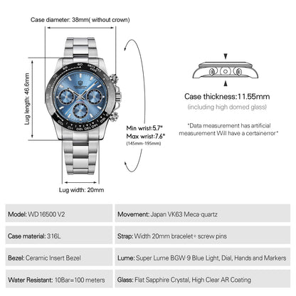 Watchdives WD16500 V2 Quartz Watch VK63 Sweep Sports Chronograph Watches Sapphire AR Coating BGW9 Luminous Waterproof Watches