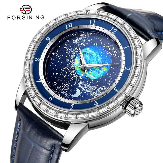 2026 FORSINING Design Earth Star Moon Set With Diamonds Genuine Belt Men Mechanical Automatic Watch Waterproof For Business