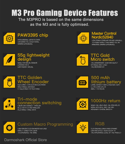 Геймърска мишка Darmoshark M3Pro 2.4G BT безжична Tri-Mode, сензор PAW3395, N52840, 26000DPI, за голяма ръка, макро драйвер, мишка за игри