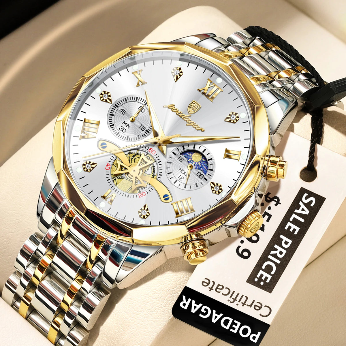 Montre homme de luxe POEDAGAR, chronographe lumineux étanche, en acier inoxydable, à quartz.