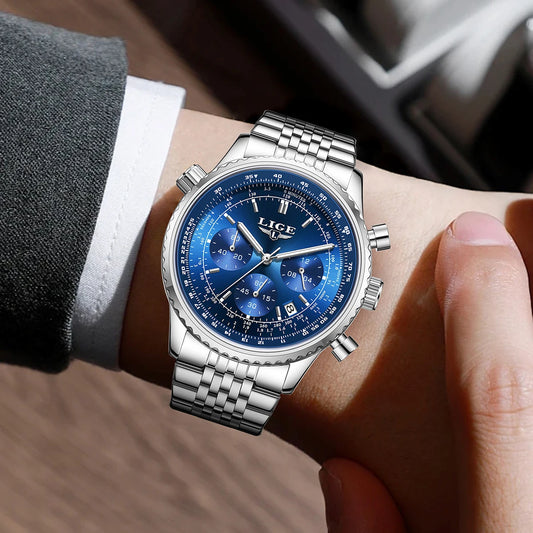 Orologio di lusso da uomo LIGE – Cronografo con datario, in acciaio inossidabile, impermeabile, luminescente, stile sportivo e militare, orologio al quarzo da uomo