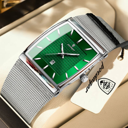 POEDAGAR-miestenkello, luksusmalli, ruostumattomasta teräksestä valmistettu metallirannekoru, päivämääränäyttö, vesitiivis, valoa heijastavat osoittimet, rento tyyli, suorakulmainen kotelo, kvartsikoneisto.