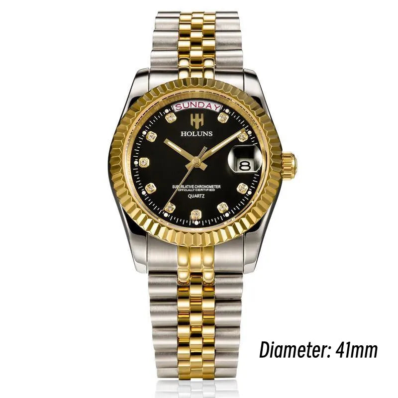 Holuns Luxury Classic 36/41 mm-es arany férfi karóra, japán MIYOTA kvarc szerkezet, rozsdamentes acél, klasszikus üzleti karóra, vízálló