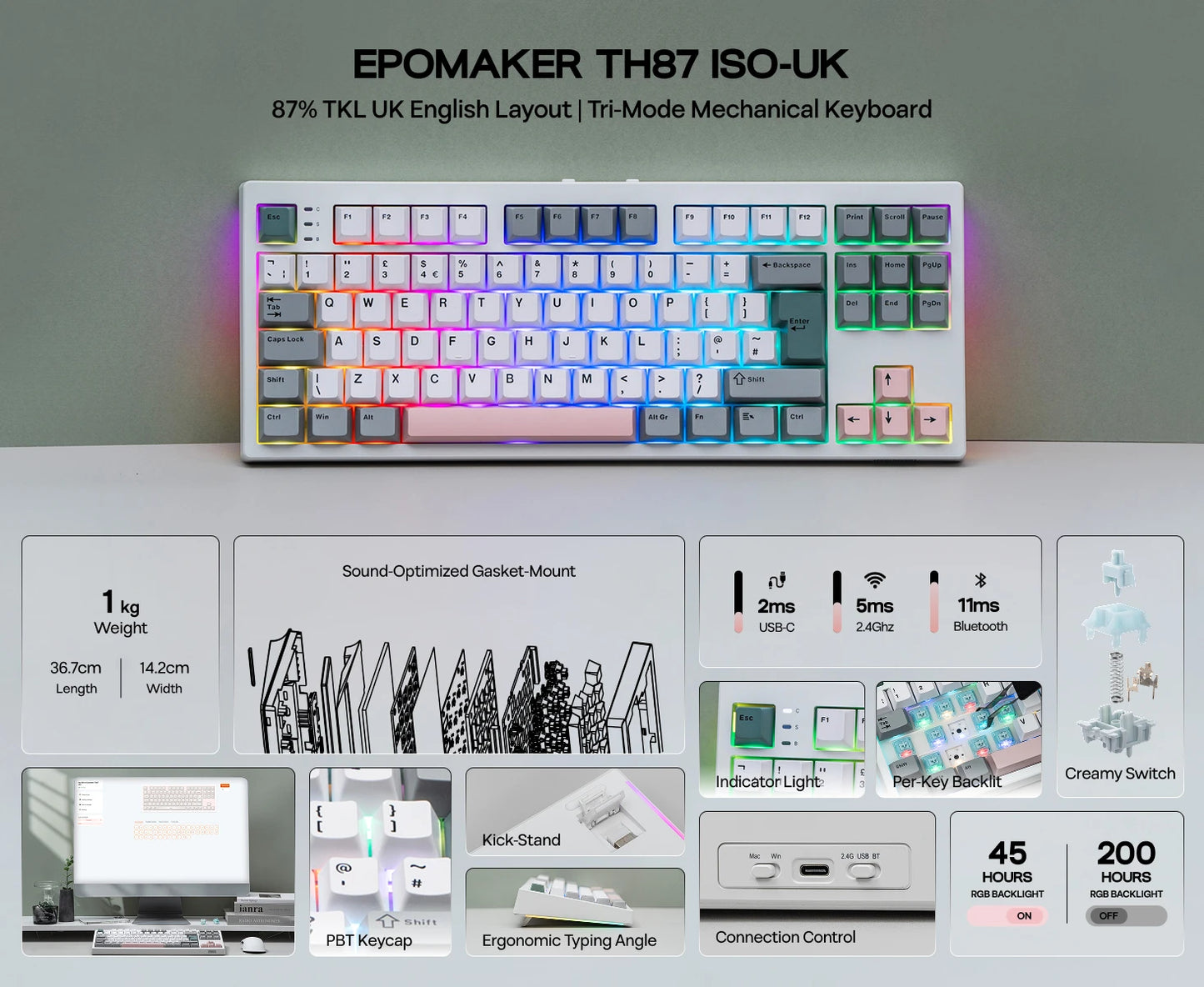 Teclado mecánico EPOMAKER TH87 con distribución ISO-UK TKL, con cable/BT/inalámbrico 2.4Ghz, NKRO, batería de 10000mAh y luz RGB