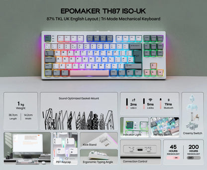 Teclado mecánico EPOMAKER TH87 con distribución ISO-UK TKL, con cable/BT/inalámbrico 2.4Ghz, NKRO, batería de 10000mAh y luz RGB