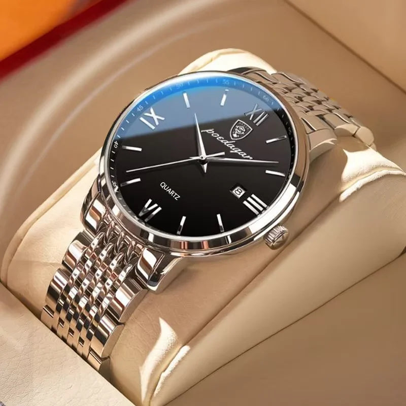 Relógio de pulso masculino POEDAGAR Business Quartz, aço inoxidável, resistente à água, data iluminada, relógio de pulso de luxo casual para homem