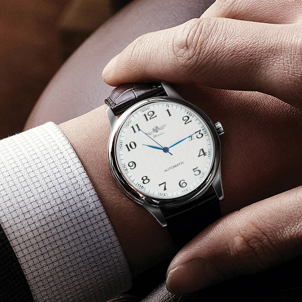 Montre classique pour homme – Style rétro avec calendrier et aiguilles bleues, mouvement mécanique automatique, marque de prestige, boîtier en acier et bracelet en cuir