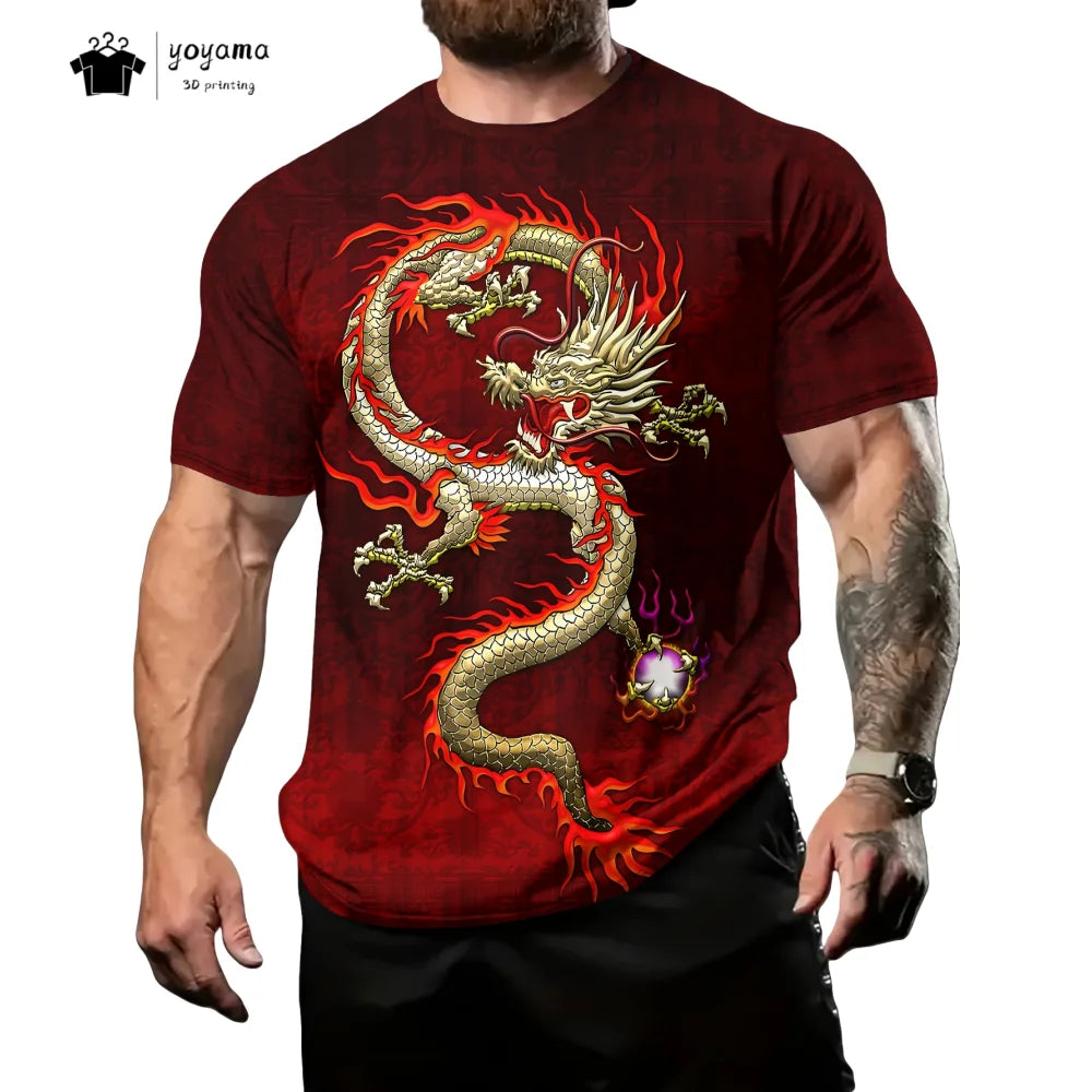 Herren-T-Shirt mit Drachenmuster, kurzärmeliges Fashion-Streetwear-Shirt, Rundhals-Top mit trendigem 3D-Tierprint, locker und vielseitig, Herrenbekleidung