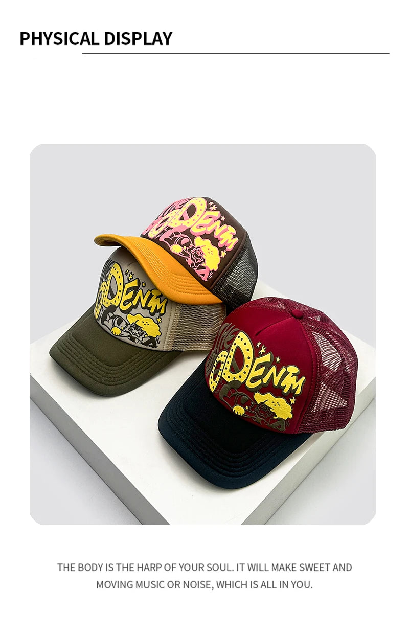 Șepci de baseball unisex interesante, cu litere imprimate 3D, cu parasolar, cu motive de desene animate, respirabile, cu blocuri de culori, șepci de camionagiu din plasă, versatile