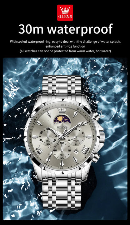 OLEVS 3653 Men’s Quartz Chronograph Watch  Moon Phase, Luminous, Date Display, Stainless Steel & 30M Waterproof