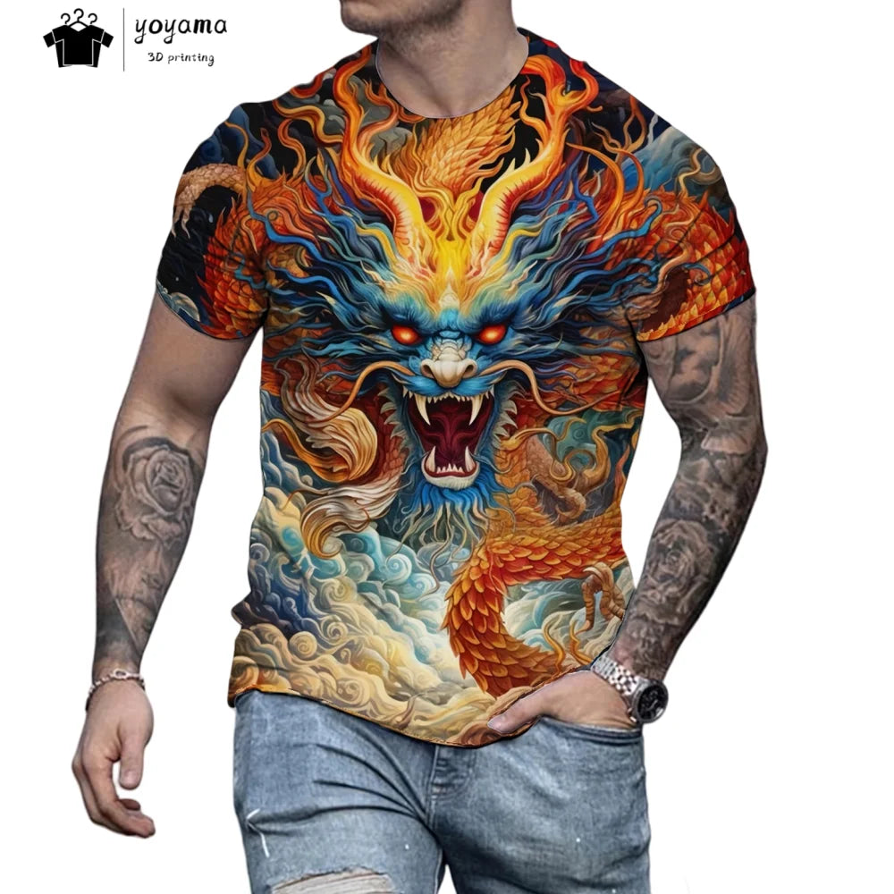 Herren-T-Shirt mit Drachenmuster, kurzärmeliges Fashion-Streetwear-Shirt, Rundhals-Top mit trendigem 3D-Tierprint, locker und vielseitig, Herrenbekleidung