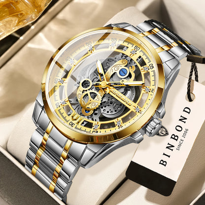 Vintage openwork BINBOND quartz wristwatch for men, luminous, water-resistant, accurate and durable, casual style.