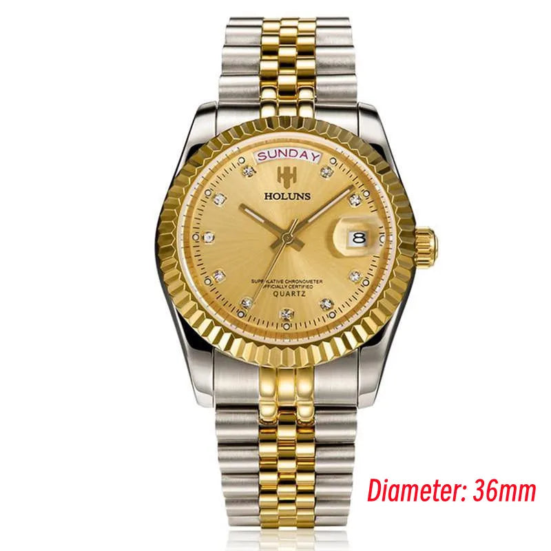 Holuns Luxury Classic 36/41 mm-es arany férfi karóra, japán MIYOTA kvarc szerkezet, rozsdamentes acél, klasszikus üzleti karóra, vízálló