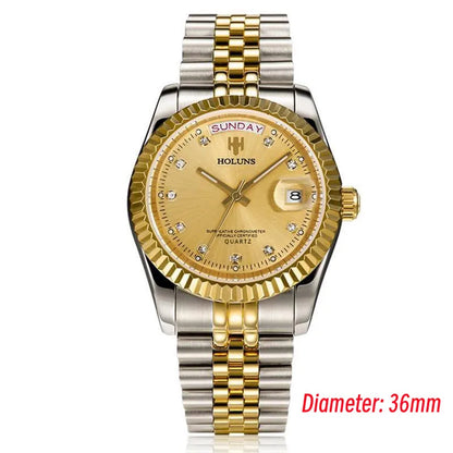 Holuns Luxury Classic 36/41 mm-es arany férfi karóra, japán MIYOTA kvarc szerkezet, rozsdamentes acél, klasszikus üzleti karóra, vízálló