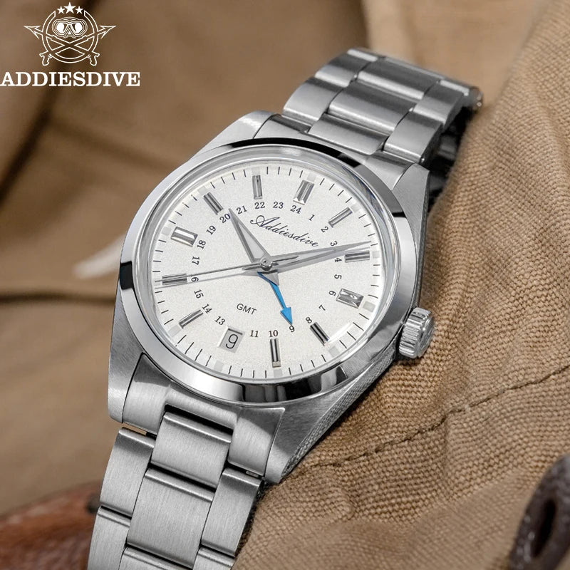 ADDIESDIVE Hot Brand 36mm Luxury GMT Watch Gift for Men 10Bar Waterproof BGW9 Super Luminous 316L Stainless Steel Quartz Watches