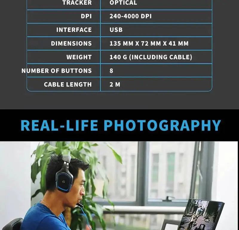 Ratón gaming con cable Logitech G402, procesador ARM de 32 bits, 8 botones, 500 IPS, antideslizante, para sesiones de juego y trabajo durante todo el día