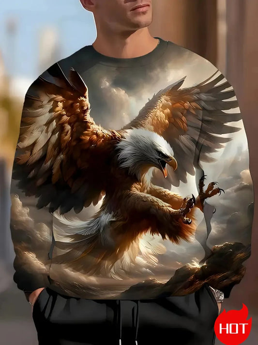 Men's Eagle Printed Casual Sweatshirts Long Sleeve Streetwear 3D Animal Printing Hip Hop Male Tops Plus Size Crewneck Pullover
