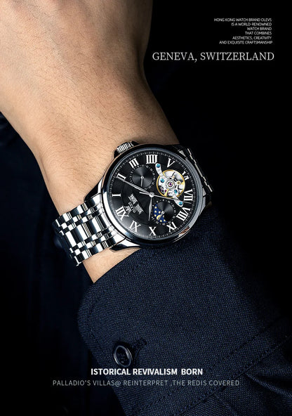 OLEVS 7013 Men’s Automatic Mechanical Watch Moon Phase, Roman Numeral Dial, Skeleton Flywheel, Luminous & 30M Waterproof