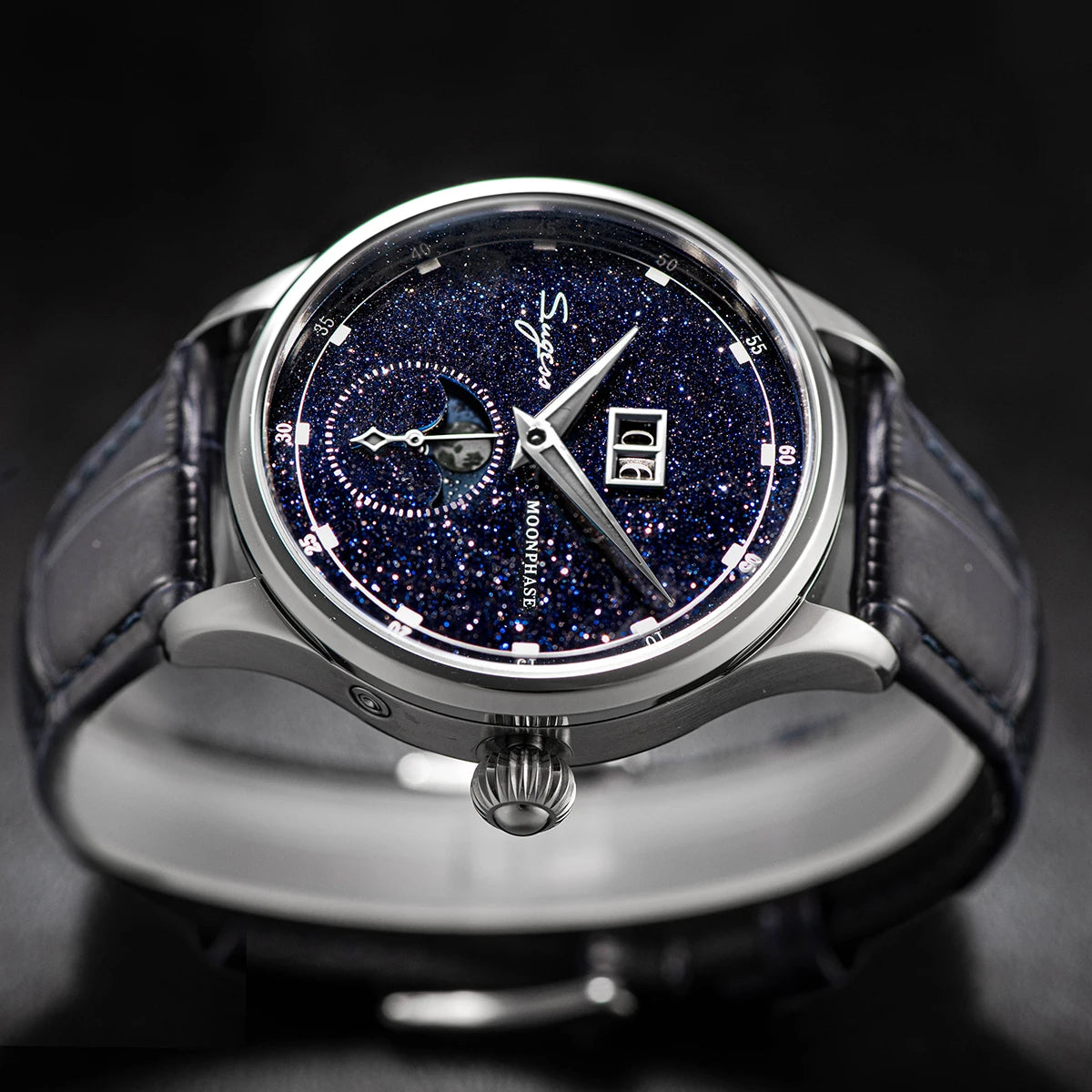 Sugess Moonphase Watch of Men 40mm Automatic Mechanical Wristwatches Seagul ST2528 Movement Stainless Steel Blue Sandstone Dial