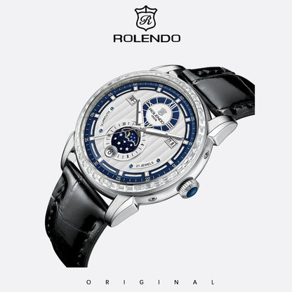 ROLENDO 1908 Men Automatic Mechanical Watch Diamond Luminous Leather Strap Waterproof Business Luxury Wristwatch For Male Gift