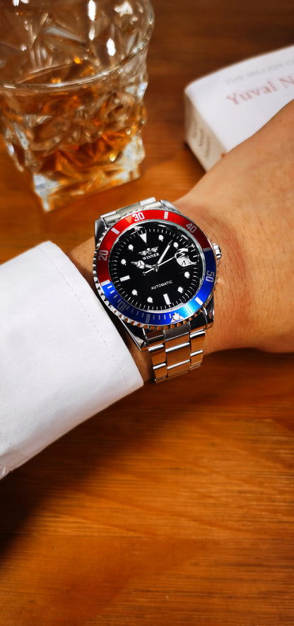 Classic mechanical watch for men – Luxury brand, business style, automatic movement, rotating bezel, luminescent dial, steel bracelet