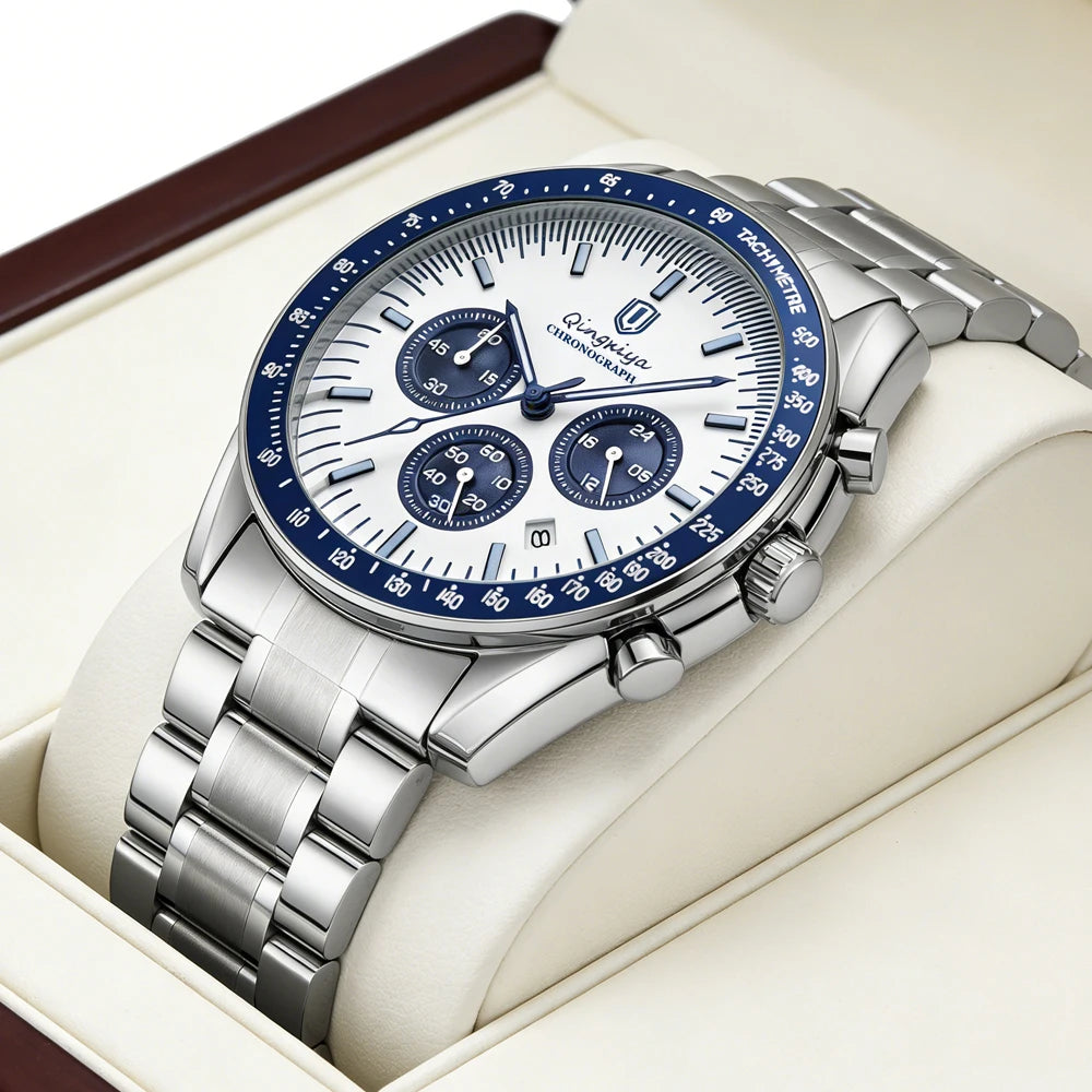 Montre à quartz pour homme, de marque de luxe, étanche et luminescente, en acier inoxydable, dotée d'un chronographe 24 heures et d'un affichage de la date – Montre élégante pour homme