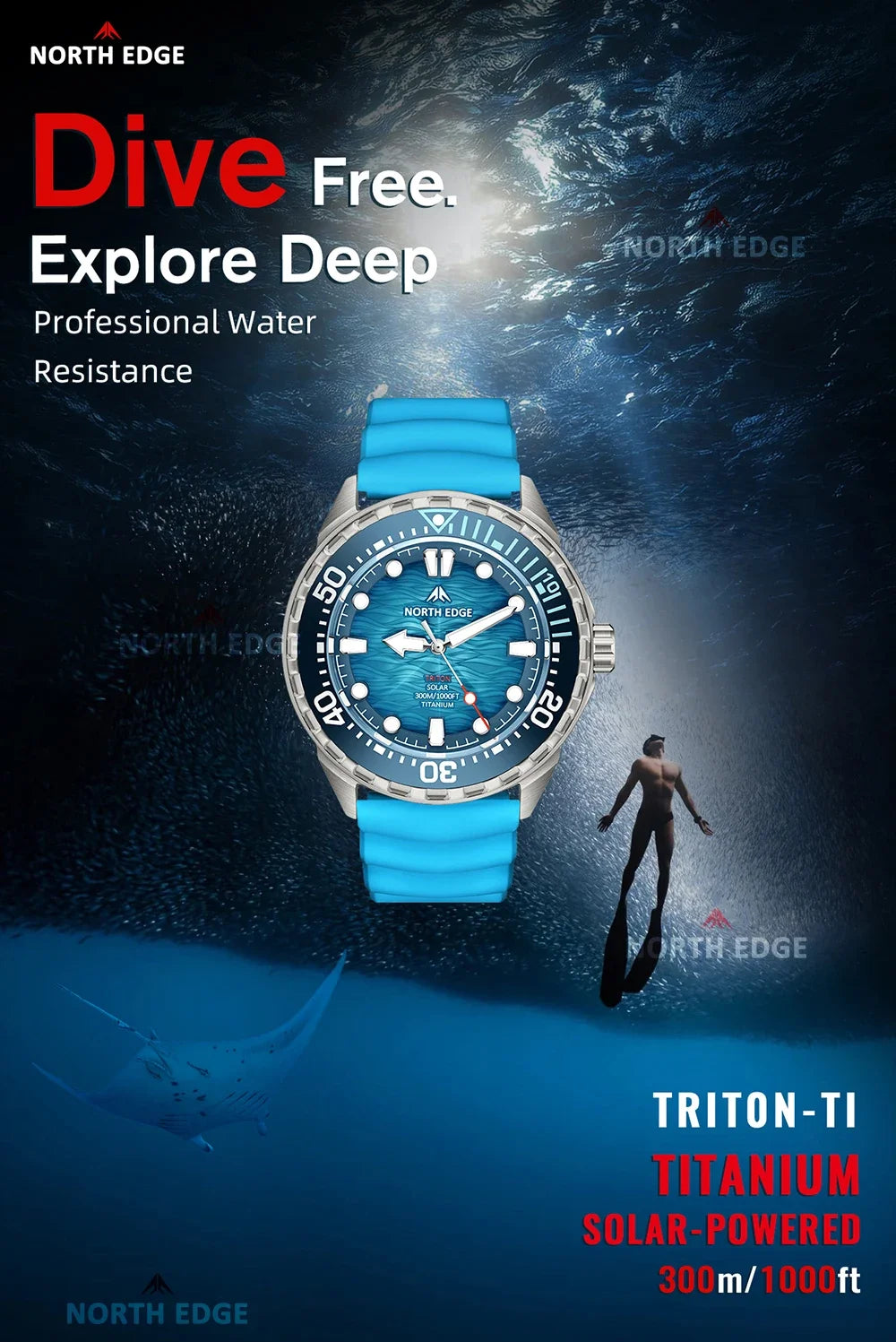 NORTH EDGE NEW+ TRITON-TI titán napelemes búváróra, luxus kvarc karóra férfiaknak, 300 m vízállóság, 180+ napos üzemidő
