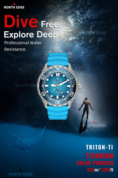 NORTH EDGE NEW+ TRITON-TI titán napelemes búváróra, luxus kvarc karóra férfiaknak, 300 m vízállóság, 180+ napos üzemidő