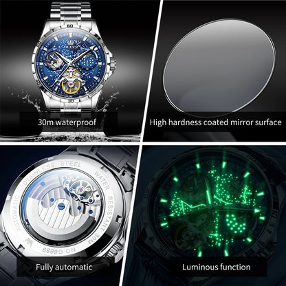 OLEVS Men’s Flywheel Skeleton Automatic Watch Starry Sky Dial, Luminous Mechanical Movement & Waterproof Business Wristwatch
