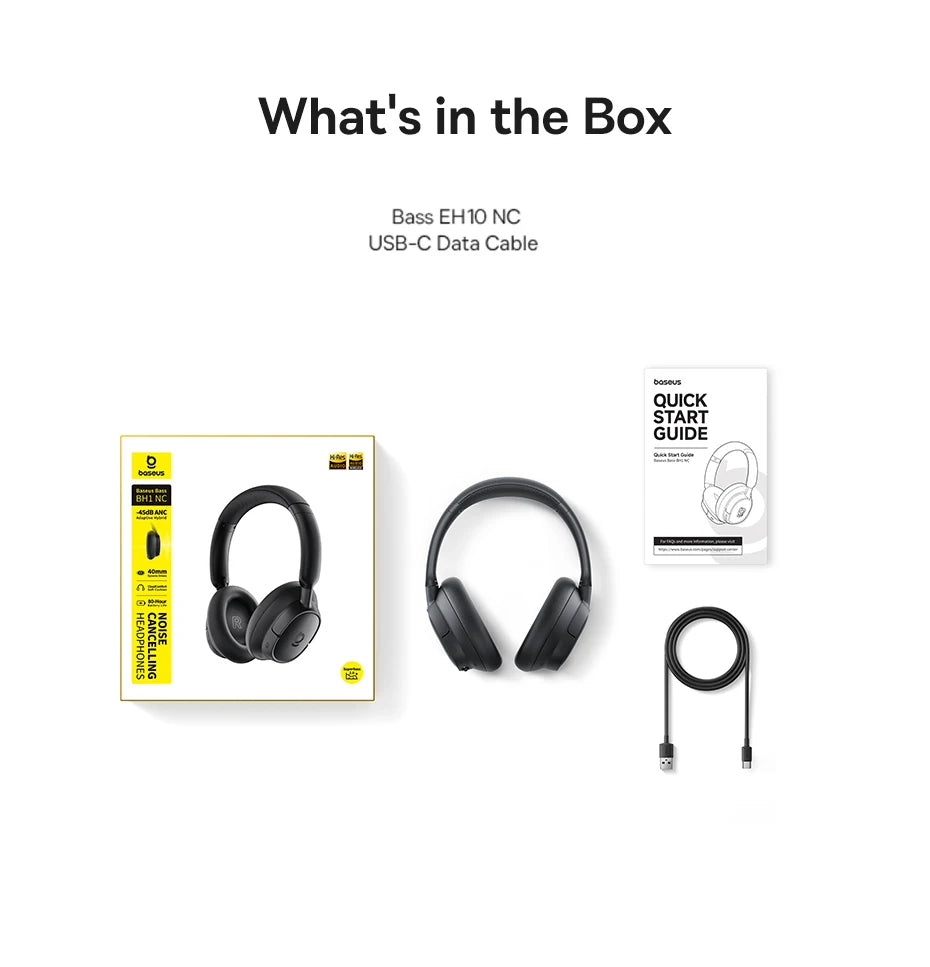Baseus Bass EH10 NC Wireless Headphones Bluetooth 6.0 Noise Canceling 45dB Over Ear Headset Spatial Audio Earphone 80H Time