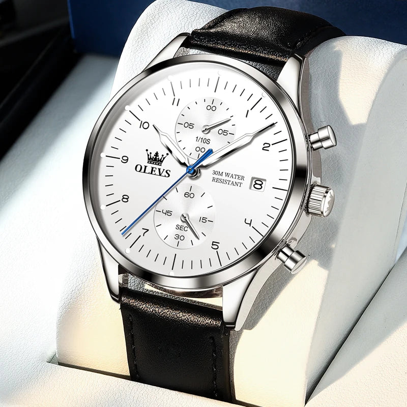 OLEVS 2880 Men’s Watch – Elegant and sleek chronograph, leather strap, automatic date display, water-resistant, luminescent hands, quartz movement.