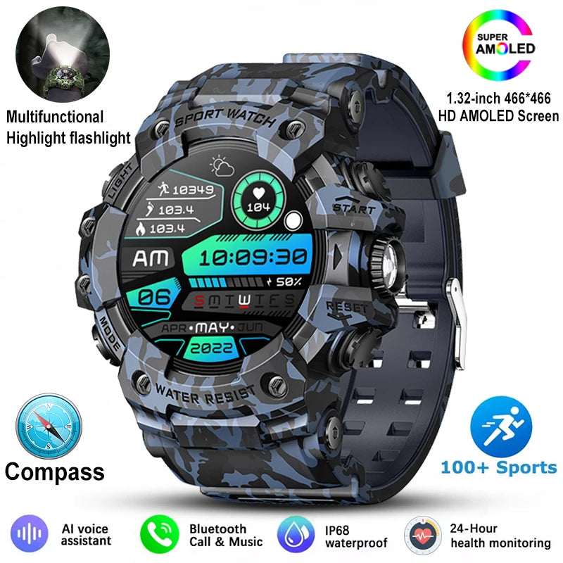 New Military Sports Smart Watch Men 100+ Sports Outdoor Fitness Compass Heart rate BT Call Waterproof Smartwatch For iOS Android