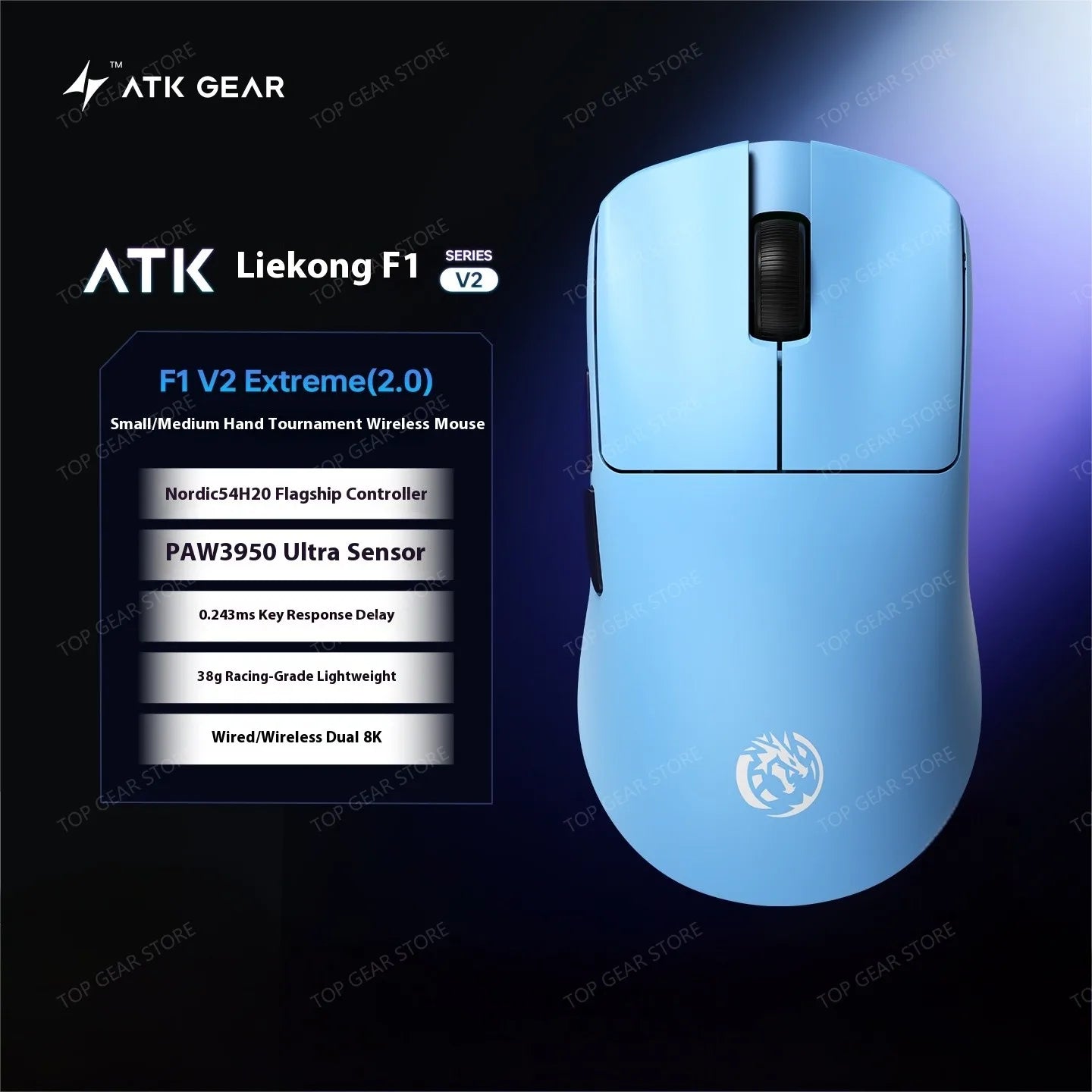 ATK F1 V2 Ultra MAX žaidimų pelė, belaidė, trijų režimų, PAW3950, dviguba 8k, lengva, ergonomiška e. sporto pelė, individualizuojamas PC priedas
