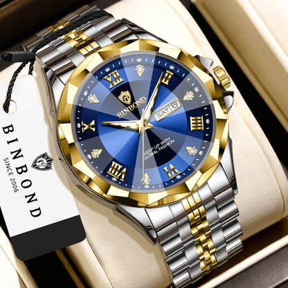 Montre à quartz pour homme BINBOND – Montre-bracelet de luxe, lumineuse et étanche, avec affichage du jour de la semaine et date automatique.